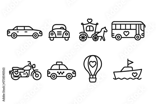 Wedding Transport Icons. Outline icon set of wedding transport: limousine, vintage car, horse carriage, wedding bus, motorcycle, taxi, balloon ride, boat. Line