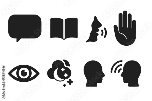 Spirit World Icon Grid. Solid, filled icon set of spirit world communication: speech bubble, open book, whispering mouth, hand gesture, eye, dream symbol,