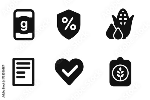 Fiber Nutrition Icons. Solid, filled icon set of fiber nutrition labels: grams of fiber, daily value percentage, soluble fiber, insoluble fiber, nutrition