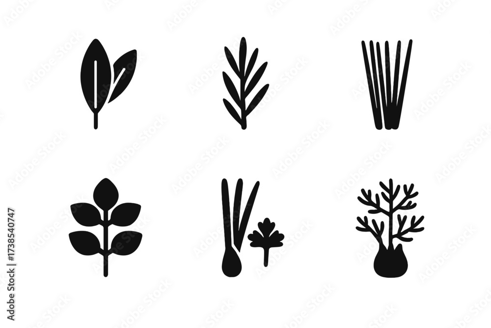 Fototapeta premium Culinary Herb Icons. Solid, filled icon set of culinary herbs: sage, tarragon, chives, bay leaf, marjoram, lemongrass, coriander, fennel. Solid, filled icons