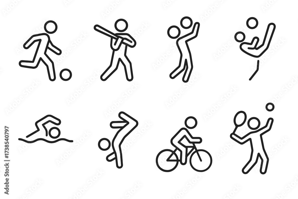 Naklejka premium Sports Movement Icons. Outline icon set of sports movement: kicking soccer ball, swinging baseball bat, shooting basketball, swimming stroke, boxing punch,