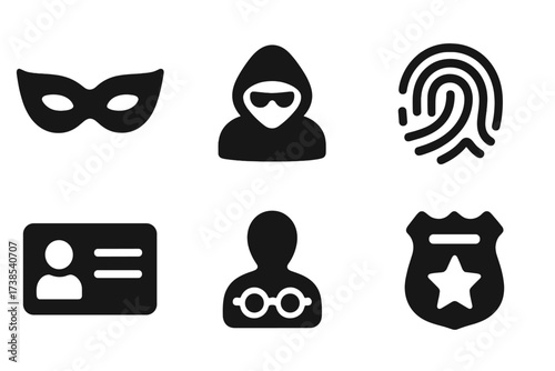 Secret Identity Icons. Solid, filled icon set of secret identities: mask, sunglasses, hooded figure, fingerprint, ID card, shadow, disguise, secret agent
