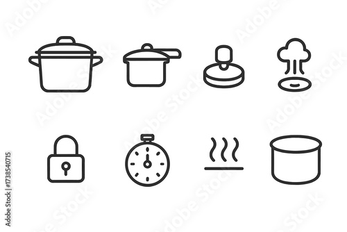 Pressure Cooker Icons. Outline icon set of pressure cooker: pressure cooker pot, locking lid, pressure valve, steam release, safety lock, cooking timer, heat