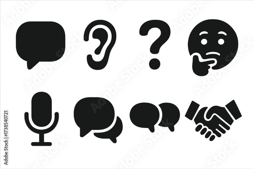 Communication Icons Grid. Solid, filled icon set of respect in communication: speech bubble, listening ear, question mark, thoughtful face, microphone,