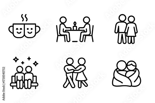 Affectionate Moments Icons. Outline icon set of affectionate moments: shared coffee, romantic dinner, picnic basket, walking together, starry night, dancing