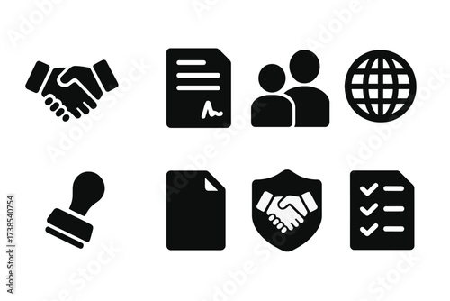 Partnership Icon Set. Solid, filled icon set of partnership agreement: handshake, contract, two people, globe, approval stamp, document, handshake inside