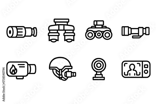 Night Vision Icons. Outline icon set of night vision devices: monocular, binoculars, goggles, scope, thermal camera, helmet mount, infrared illuminator,