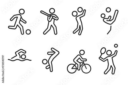 Sports Movement Icons. Outline icon set of sports movement: kicking soccer ball, swinging baseball bat, shooting basketball, swimming stroke, boxing punch,