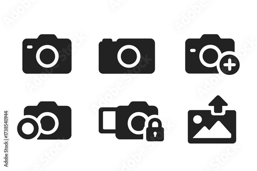 Camera Action Icons. Solid, filled icon set of camera actions: take photo, record video, zoom in, zoom out, change lens, flip screen, focus lock, upload image.