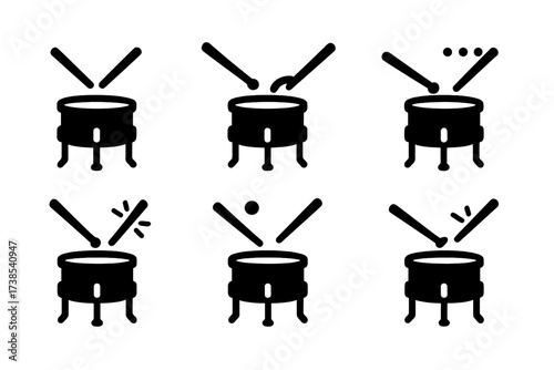Floor Tom Techniques Icons. Solid, filled icon set of floor tom playing techniques: open stroke, rim shot, muffled hit, roll, accented hit, ghost note, double