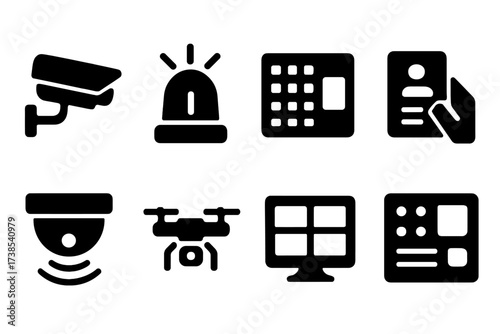 Security System Icons. Solid, filled icon set of security systems: CCTV camera, alarm siren, security keypad, badge access, motion sensor, security drone,