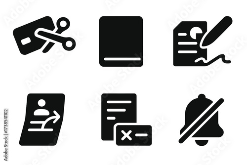 Account Closing Icons. Solid, filled icon set of account closing: bank card cut, passbook closed, account statement, signature, farewell letter, transaction