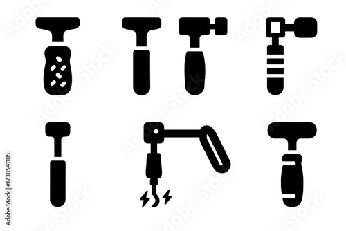 Tuning Key Icon Set. Solid, filled icon set of tuning key ergonomic features: non-slip grip, rotating head, adjustable socket, lightweight, compact size,