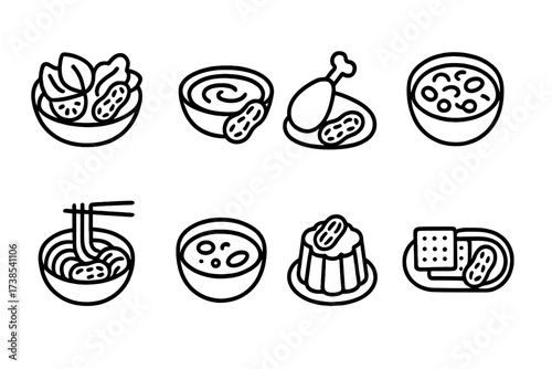 Peanut Dish Icons. Outline icon set of peanut dishes: peanut salad, peanut sauce bowl, peanut chicken, peanut stew, peanut noodles, peanut soup, peanut