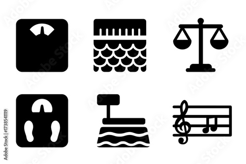 Scale Icons Collection. Solid, filled icon set of scale types: weighing scale, scale ruler, fish scale, scale of justice, musical scale, body scale, price
