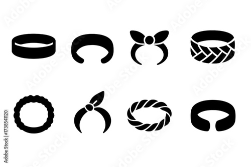 Headband Style Icons. Solid, filled icon set of headband styles: sports headband, yoga headband, fashion headband, knitted headband, elastic headband, bandana