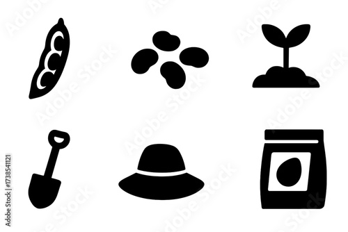 Fava Beans Icon Set. Solid, filled icon set of fava beans: fava bean pod, shelled beans, bowl of fava beans, sprouting fava plant, garden shovel, watering can,