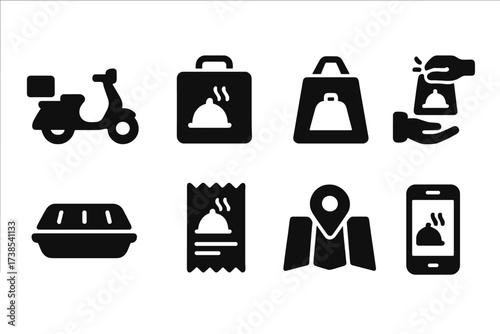 Food Delivery Icons. Solid, filled icon set of food delivery: scooter, thermal bag, takeout box, delivery handoff, food container, order slip, location map,