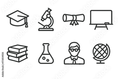 Balkan Culture and Education Icons. Outline icon set of Romanian education and science: graduation cap, microscope, diploma, blackboard, book stack, chemistry