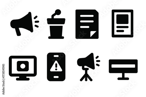 Announcement Tools Icons. Solid, filled icon set of announcement tools: PA system, podium, flyer, poster, digital screen, smartphone alert, loudspeaker stand,
