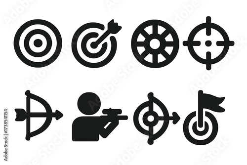 Target Icon Set. Solid, filled icon set of target symbols: bullseye, arrow hitting center, dartboard, crosshair, scope, archery bow, sniper, goal flag. [Line