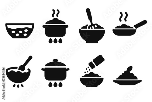 Bean Cooking Icons. Solid, filled icon set of refried beans cooking process: soaking, boiling, mashing, frying, stirring, simmering, seasoning, serving. [Line