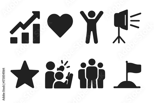 Motivational Icons Set. Solid, filled icon set of motivational speaking: rising chart, heart icon, energetic pose, spotlight, star icon, group applause,