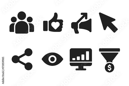 Media Analytics Icons. Solid, filled icon set of media analytics: audience, engagement, reach, clicks, shares, views, impressions, conversion. [Line icons in
