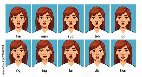 Visual Guide to Articulation Phonetics Demonstrating Mouth Shapes for Various Vowel and Consonant Sounds in English Language