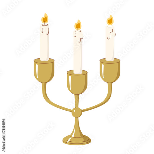 Flat illustration of classic gold candelabra with three burning candles ideal for holiday designs event invitations home decor ads and romantic themed graphics