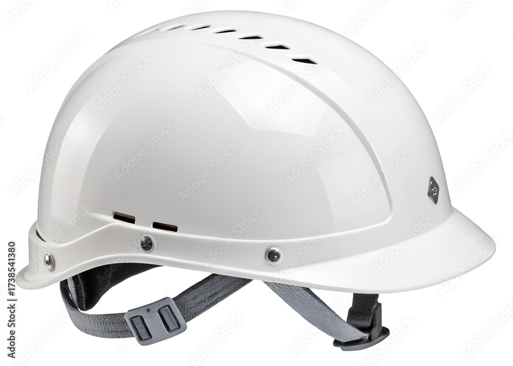 Fototapeta premium White safety hard hat with vents and chin strap on black background safety helmet construction
