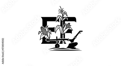 Elegant and minimalist black vector logo featuring agriculture with corn plants and a classic plow
