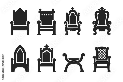 Historical Thrones Icons. Solid, filled icon set of historical thrones: medieval throne, ancient throne, imperial throne, baroque throne, gothic throne,