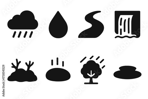 Rainy Day Icons. Solid, filled icon set of rain-related natural elements: rain cloud, water droplet, river, waterfall, moss, wet stone, rain-soaked tree, rain