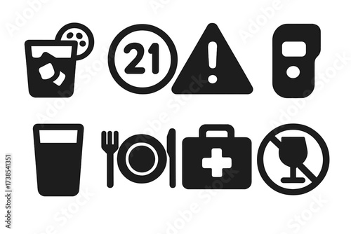 Safety Drink Icons. Solid, filled icon set of highball safety and moderation: drink responsibly sign, age restriction, warning sign, water glass, food plate,