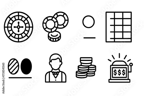 Roulette Icon Set. Outline icon set of roulette: roulette wheel, betting chips, roulette ball, betting table, red and black pockets, dealer, money stack,