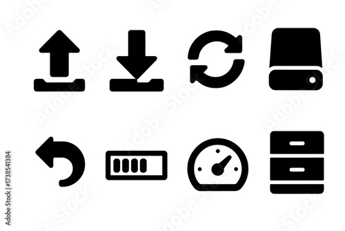 Digital Memory Icons. Solid, filled icon set of digital memory functions: upload arrow, download arrow, sync icon, backup drive, restore icon, storage bar,