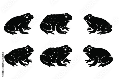 Toad Icon Grid. Solid, filled icon set of toad species: common toad, cane toad, natterjack toad, spadefoot toad, fire-bellied toad, American toad, European
