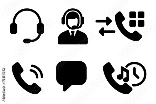 Call Center Icons. Solid, filled icon set of call center: headset with microphone, agent, call transfer, phone keypad, ringing phone, chat bubble, hold music,