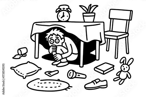 Hiding Under Table. Hand-drawn doodle illustration Scared and hiding under table person hiding, table legs, chair, shadow, spilled cup, blanket, flashlight,