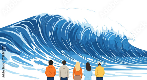 People watch a massive ocean wave approach the shore creating a spectacular natural phenomenon