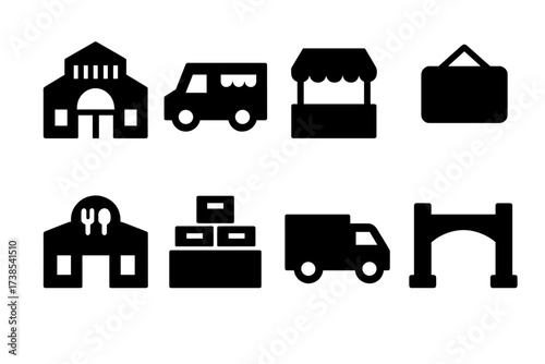 Market and Farming Icons. Solid, filled icon set of market buildings and structures: market hall, food truck, outdoor canopy, signboard, food court, storage