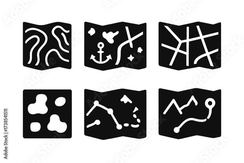 Map Navigation Icons. Solid, filled icon set of navigation maps & charts: topographic map, nautical chart, road map, star chart, heat map, digital map, trail