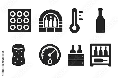 Wine Storage Icons. Solid, filled icon set of wine storage: wine rack, cellar, temperature gauge, bottle, cork, humidity meter, wooden crate, shelf. Solid,