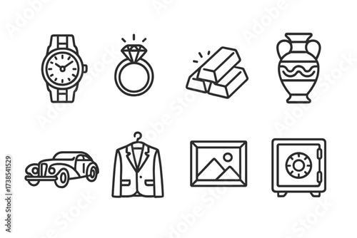 Noble Possessions Icons. Outline icon set of noble possessions: luxury watch, diamond ring, gold bars, antique vase, vintage car, designer clothing, artwork,