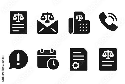 Legal Communication Icons. Solid, filled icon set of legal correspondence: letter, email, fax, phone call, notification, reminder, demand letter, subpoena.