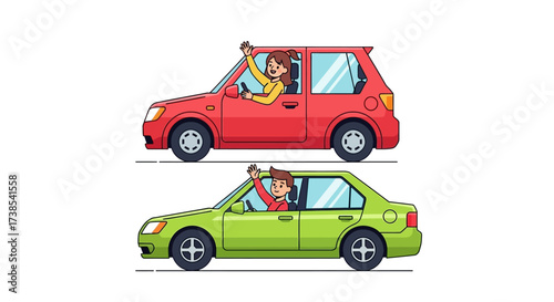 Two people in colorful cars waving hello from their windows on a white background