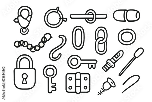 Jewelry Clasp Doodle. Hand-drawn doodle illustration jewelry clasp lobster clasp, spring ring, toggle clasp, magnetic clasp, safety chain, hook, loop, chain