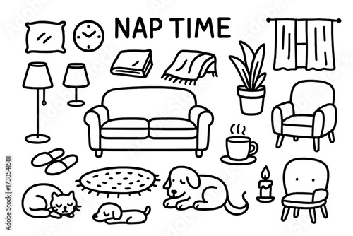 Cozy Nap Time Doodles. Hand-drawn doodle illustration Nap time sofa, pillow, blanket, book, lamp, clock, slippers, rug, plant, cup, candle, cat, dog, curtain,