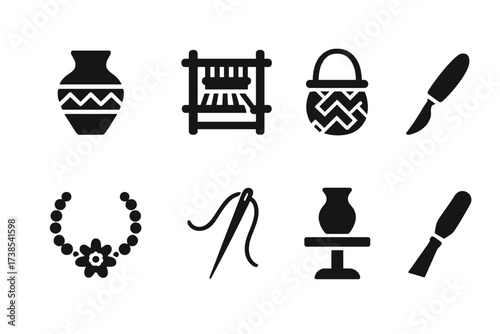 Ethnic Crafts Icon Set. Solid, filled icon set of ethnic tools and crafts: pottery, weaving loom, basket, carving knife, beadwork, sewing needle, pottery
